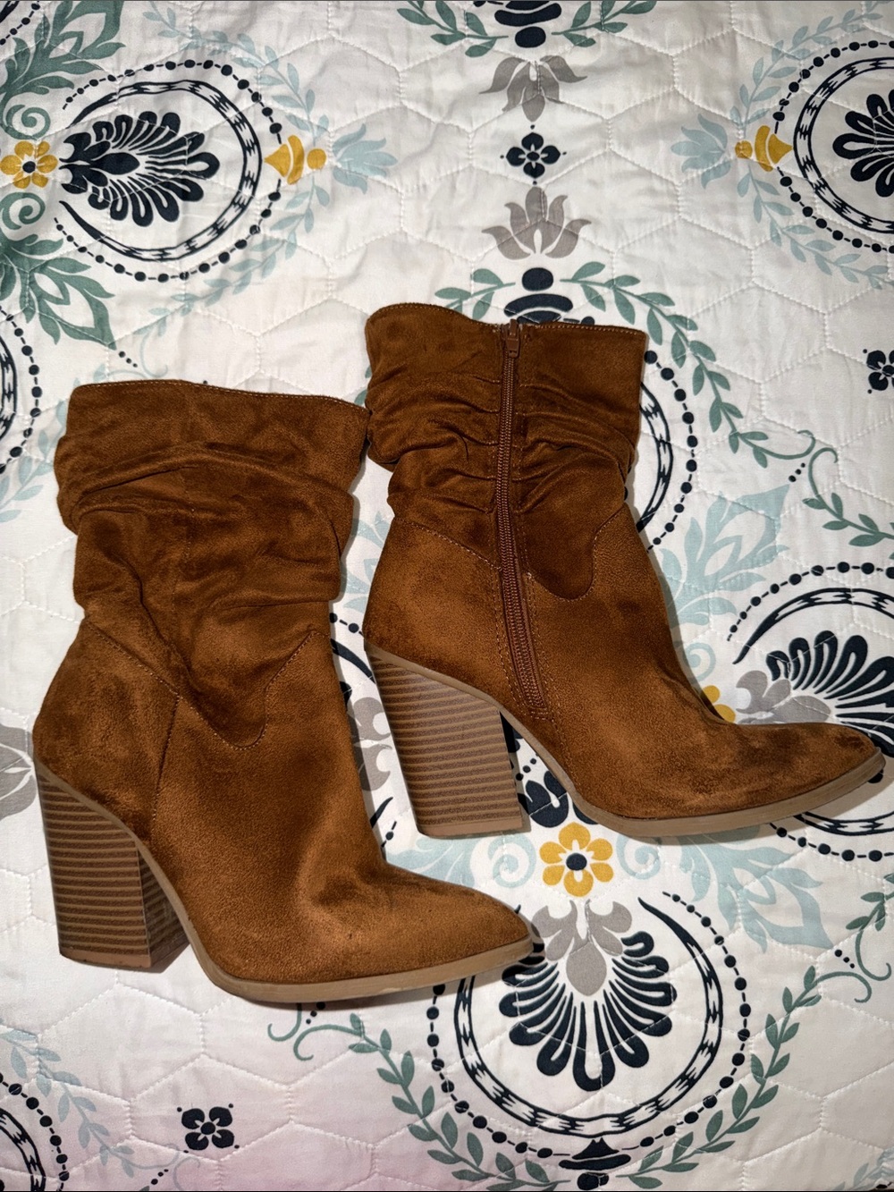 Report Brown Suede-Look Slouch Block Heel Ankle Boots